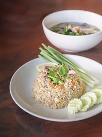 High angle view of meal served in bowl