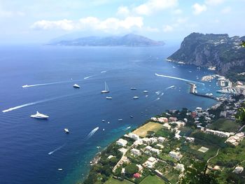 High angle view of boats in sea