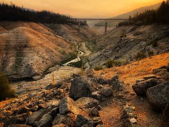 High angle view of rocks at sunset