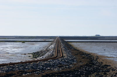 Railroad tracks on beach against clear sky