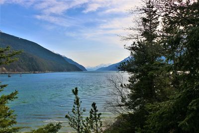 Scenic view of lake and mountains against sky