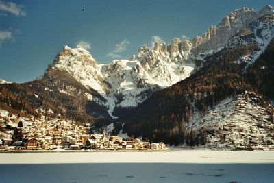 Panoramic view of snowcapped mountains against sky