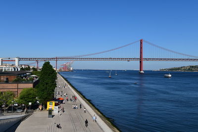 View of suspension bridge against clear blue sky