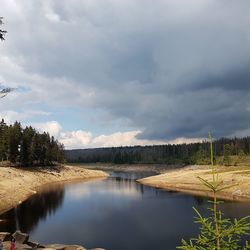 Scenic view of river against cloudy sky