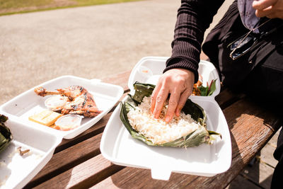 High angle view of food served on table