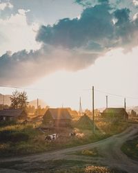 Road by buildings in city against sky
