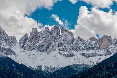 Low angle view of snow mountains against sky