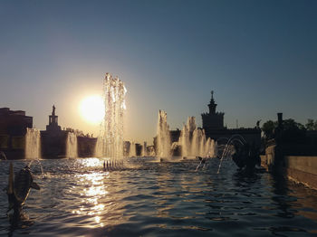 Fountains of vdnkh in moscow at sunset