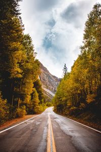 Road amidst trees against cloudy sky during autumn