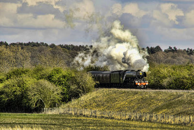 Panoramic shot of train on field against sky