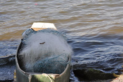 High angle view of wooden post in sea