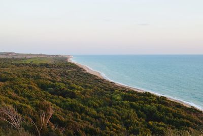 Scenic view of beach and sea against clear sky