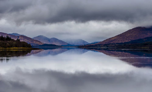 Scenic view of lake and mountains against sky