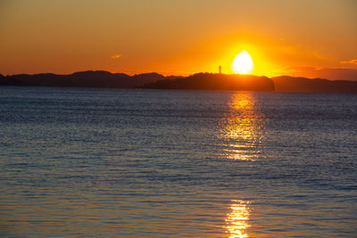 Scenic view of sea against romantic sky at sunset