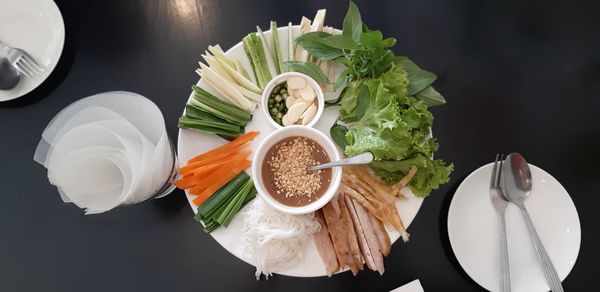 High angle view of food in plate on table