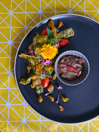 High angle view of breakfast on table