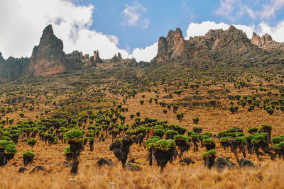 Volcanic rock formations against sky at mount kenya national park, kenya