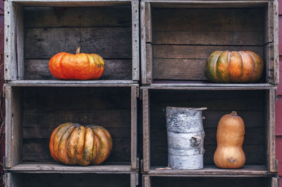 Close-up of pumpkins in crate