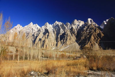 Scenic view of snowcapped mountains against clear blue sky