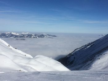 Scenic view of snowcapped mountains against sky