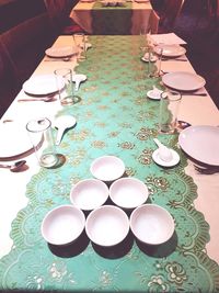 High angle view of wineglasses on table