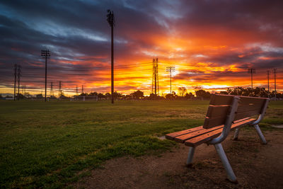 Electricity pylon on field against sky during sunset