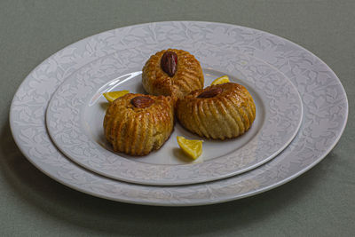 High angle view of dessert in plate on table