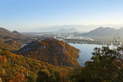 Scenic view of lake by mountains against sky