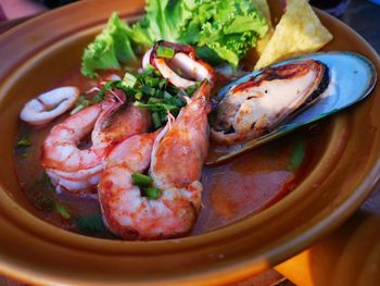 High angle view of food in plate on table