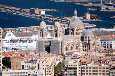 High angle view of city buildings