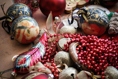 High angle view of christmas decorations on table