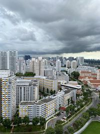 High angle view of buildings against sky