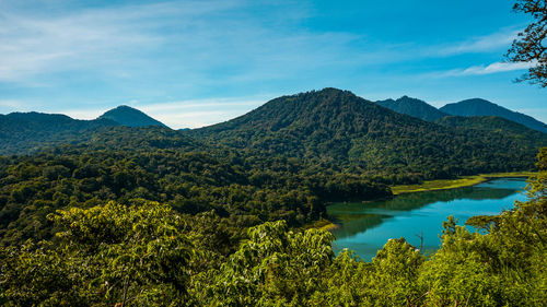 Scenic view of lake and mountains against sky