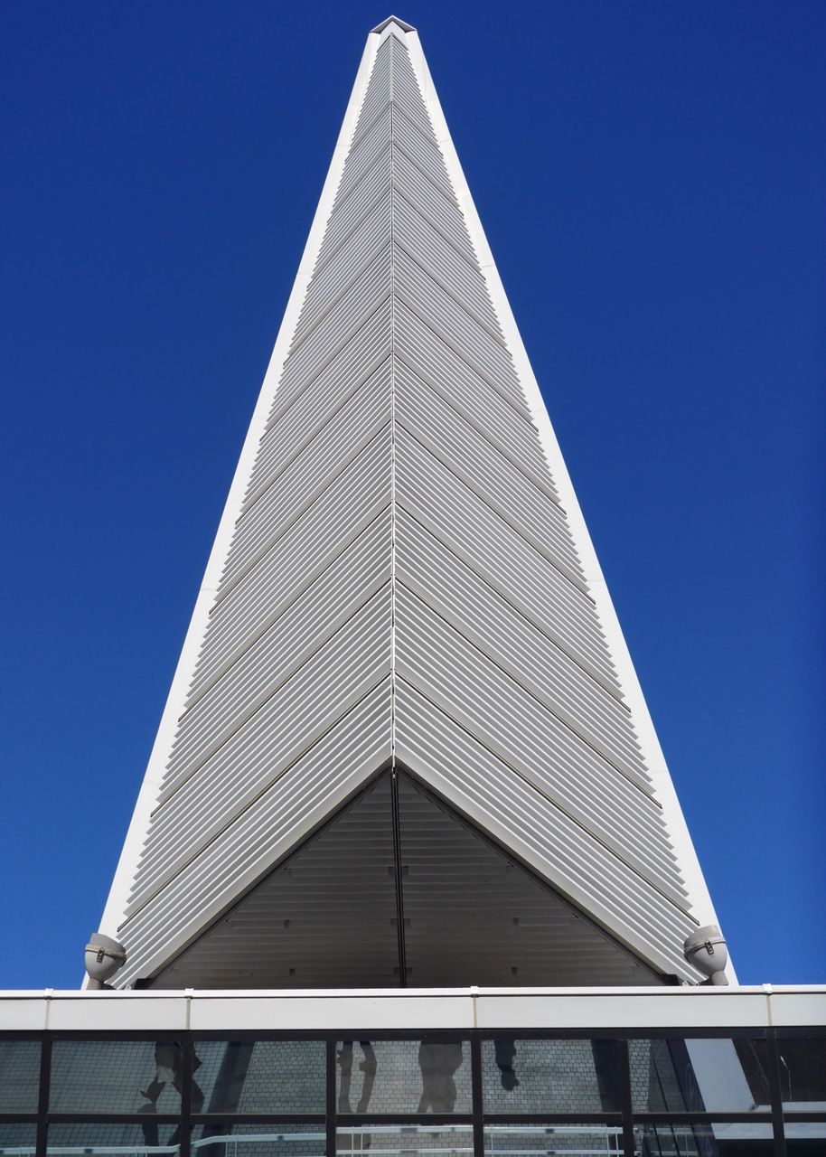 architecture, built structure, blue, clear sky, building exterior, low angle view, no people, day, pyramid shape, pyramid, outdoors