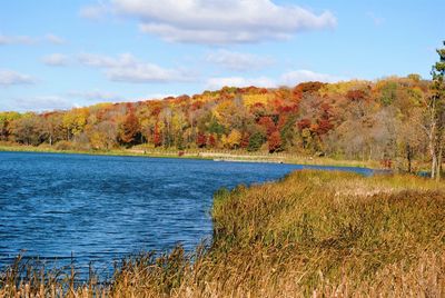Scenic view of lake against sky during autumn