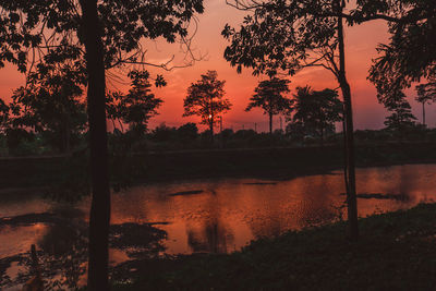 Scenic view of lake and silhouette trees against orange sky during sunset