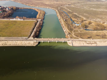 Aerial photo of the old bridge dambovita between dambovita river and morii lake , bucharest, romania