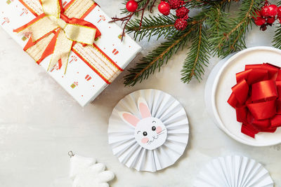 High angle view of christmas decorations on table