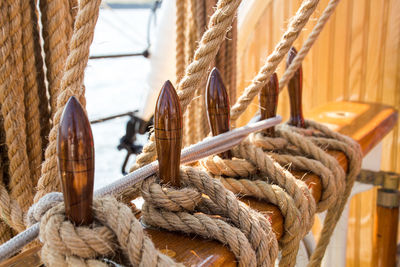 Close-up of ropes tied on ship