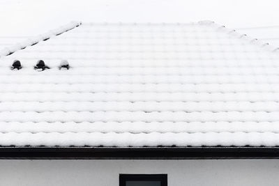 The roof of a single-family house is covered with snow against a cloudy sky,