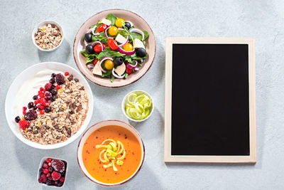 High angle view of breakfast served on table