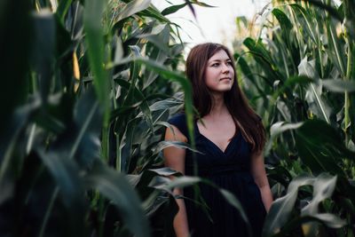 Young woman standing amidst corn crops on field