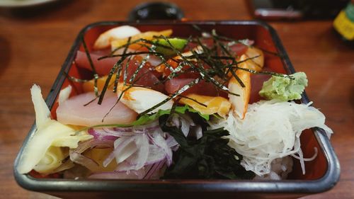 Close-up of japanese food in plate on table