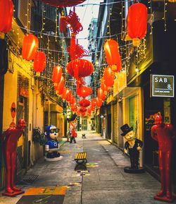 Illuminated lanterns hanging in store