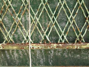 Full frame shot of rusty metal fence during winter