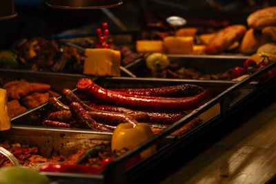 High angle view of meat on barbecue grill
