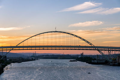 Fremont bridge over river willamette against sky during sunset
