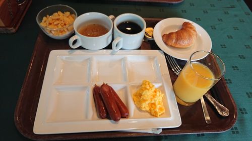 High angle view of breakfast served on table