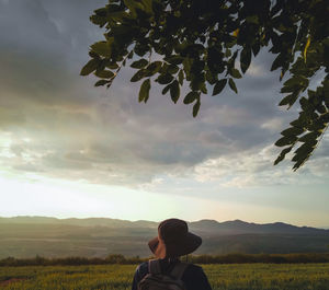 Rear view of man on field against sky during sunset