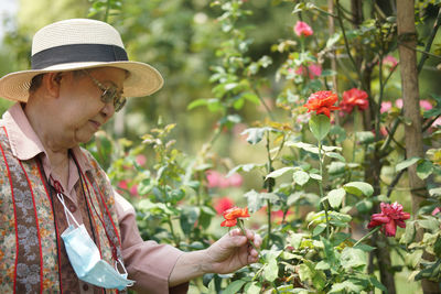 Asian old elderly elder woman resting relaxing in rose flower garden. senior leisure lifestyle